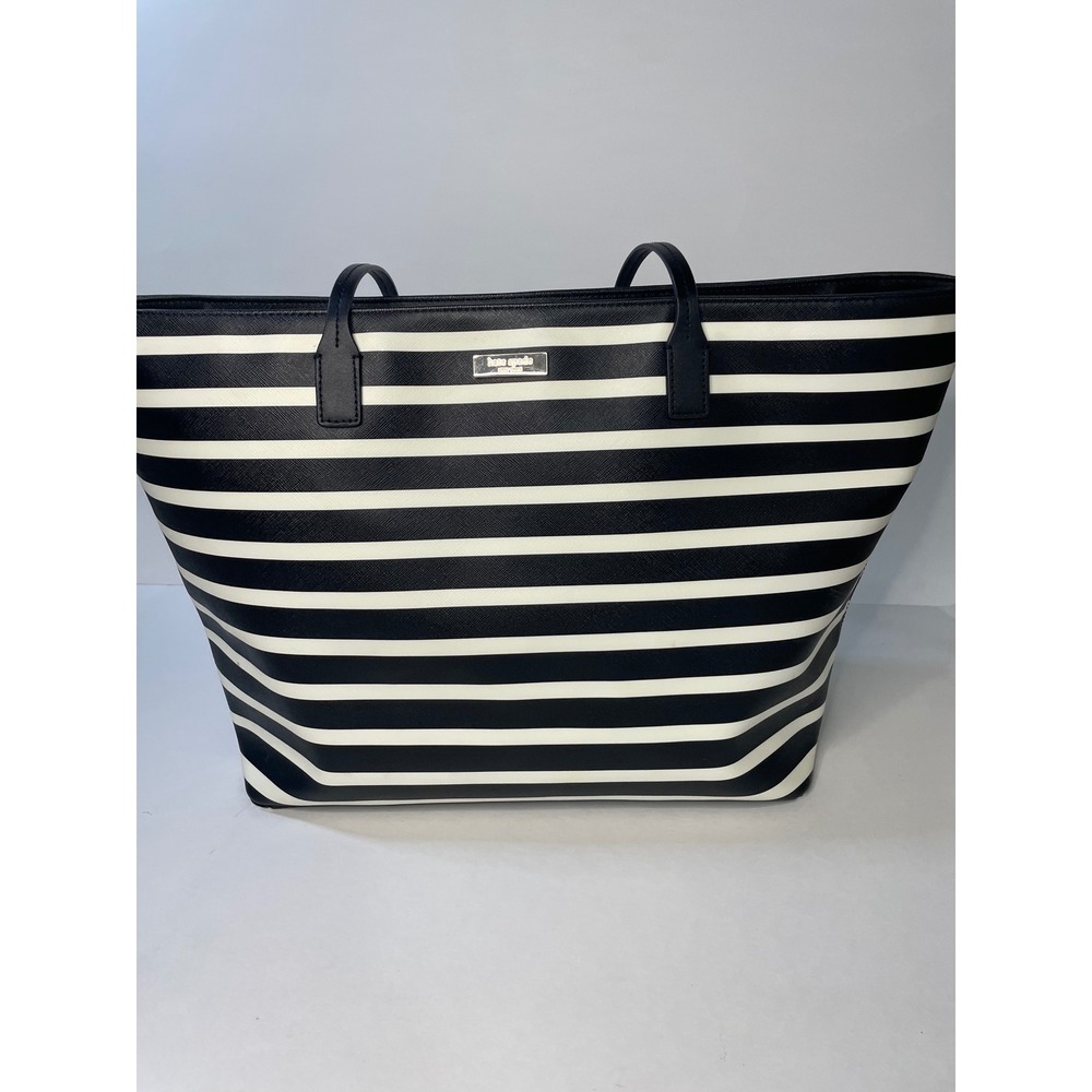 Kate Spade Tote Bag Womens Large Black White Excellent Striped Saffiano Leather - Picture 1 of 8